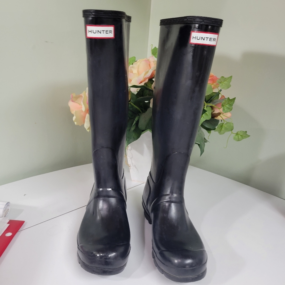 Hunter Womens 38 7 7.5 Original Tall Gloss Black Wellies Rain Boots - Picture 3 of 9